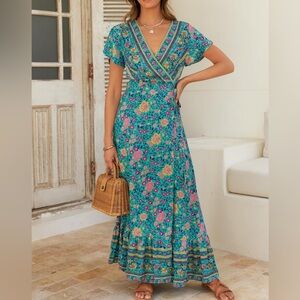 NEW Boho Floral Maxi Dress Bohemian Flowy Wrap Dress High Slit Maxi Tropical